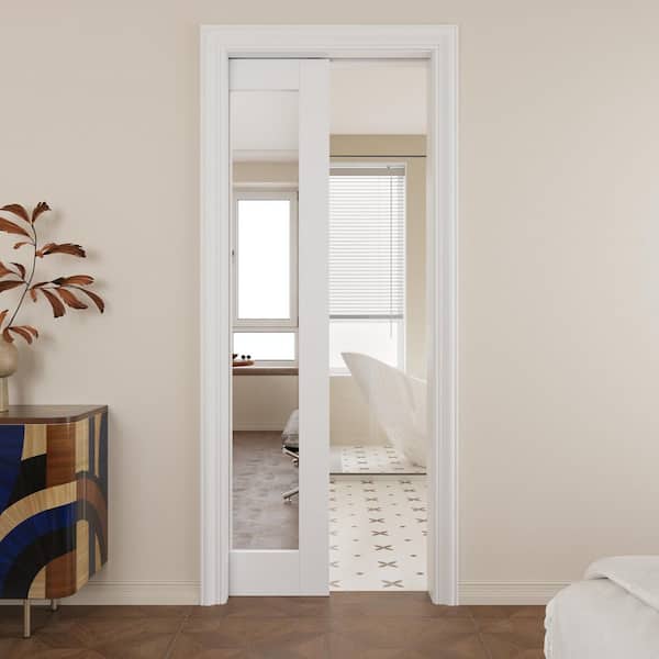 28 in. x 80 in. 1-Lite Mirrored Glass White Primed Wood Sliding Pocket Door with Frame, Hardware Kit and Soft Close