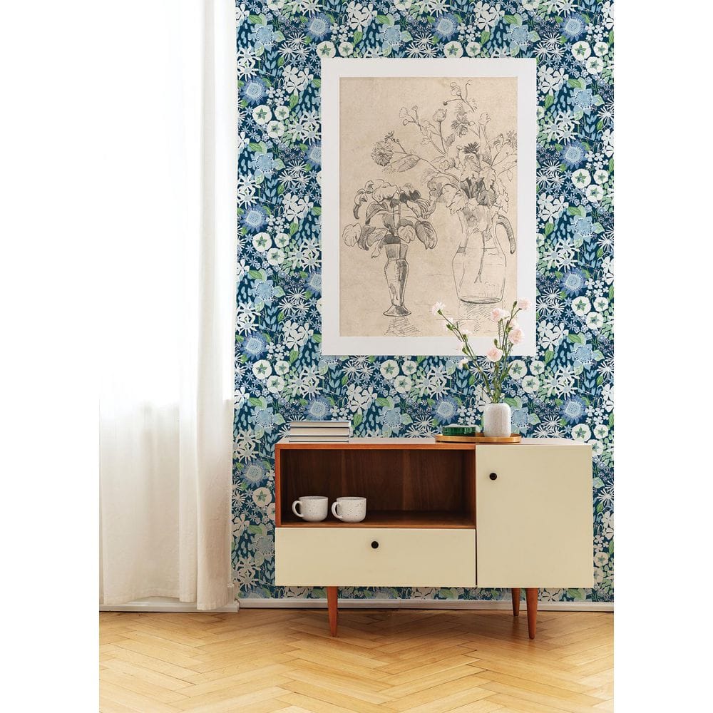 Karina Blue Wildflower Garden Vinyl-Coated Wallpaper Roll