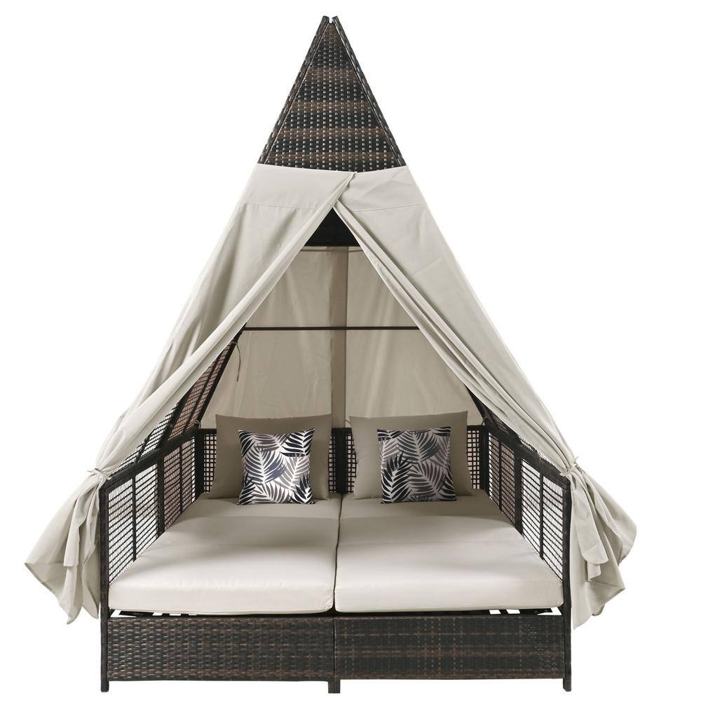 Wicker Outdoor Day Bed with Beige Cushions, Patio Lounge Bed, Double Sun Lo