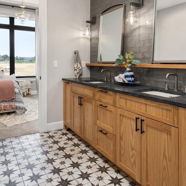 Merola Tile Kings Star Nero Encaustic, Black And White Ceramic Bathroom Floor Tiles