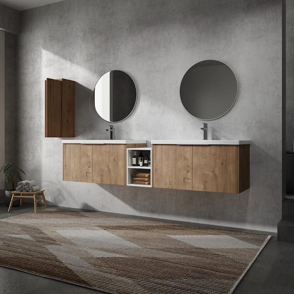 Bohemia 84 in. W x 18.1 in. D x 19.3 in. H Floating in Imitative Oak Bath Vanity with White Resin Top Vanity