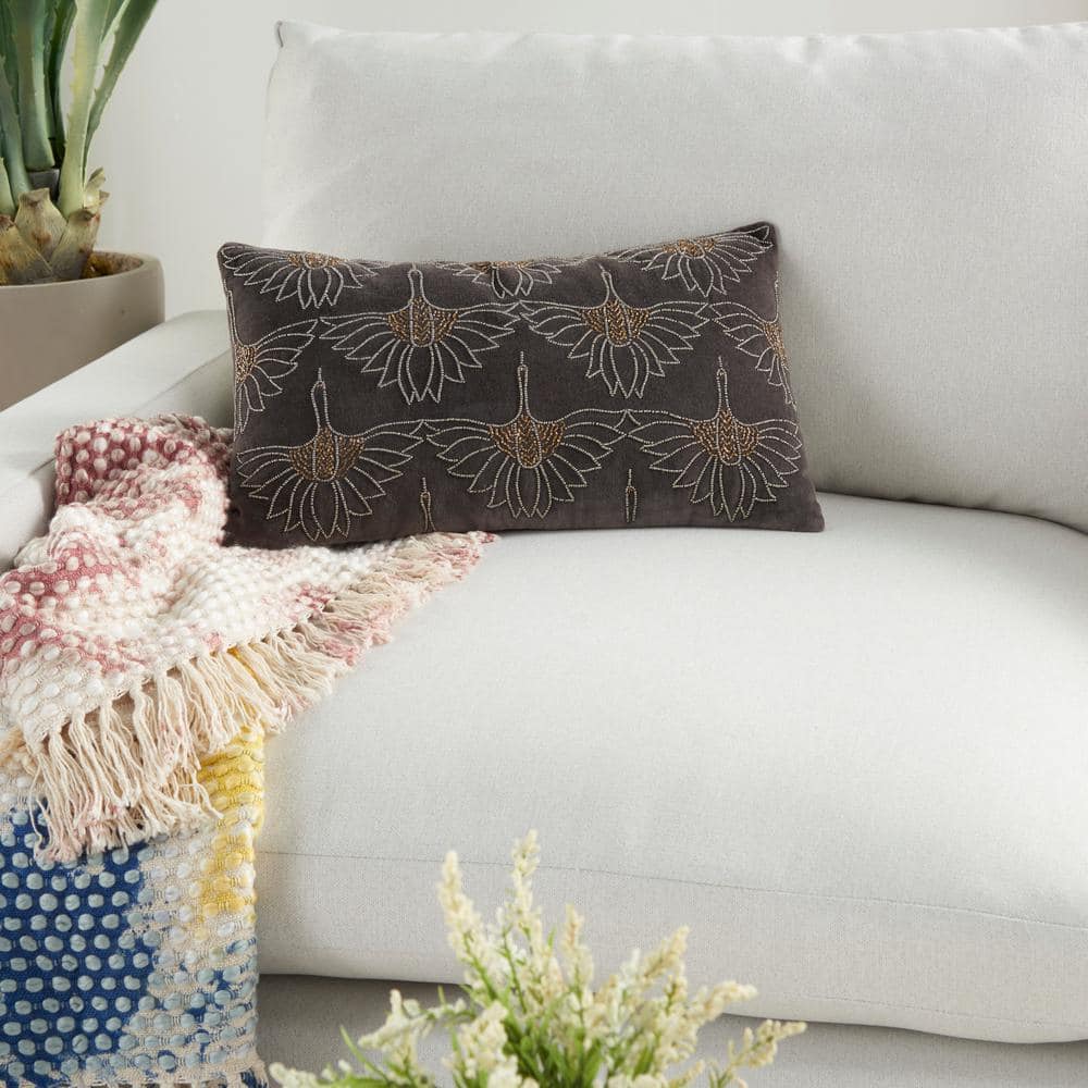 Sofia Dark Grey Beaded Floral Lumbar Throw Pillow 12" x 20"