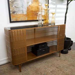 47 in. Gold Large Rectangle Metal Art Deco Inspired 1 Shelf Console Table with Black Glass Top