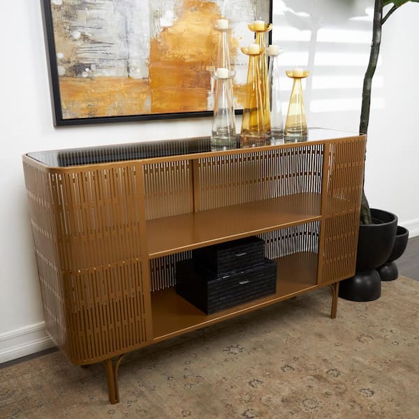 Litton Lane 47 in. Gold Large Rectangle Metal Art Deco Inspired 1 Shelf Console Table with Black Glass Top