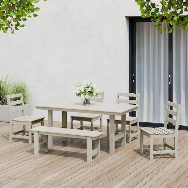 Shoreside 6-Piece All Weather HDPE Plastic Outdoor Patio Dining Set w/ Side Chairs and Bench, Sand