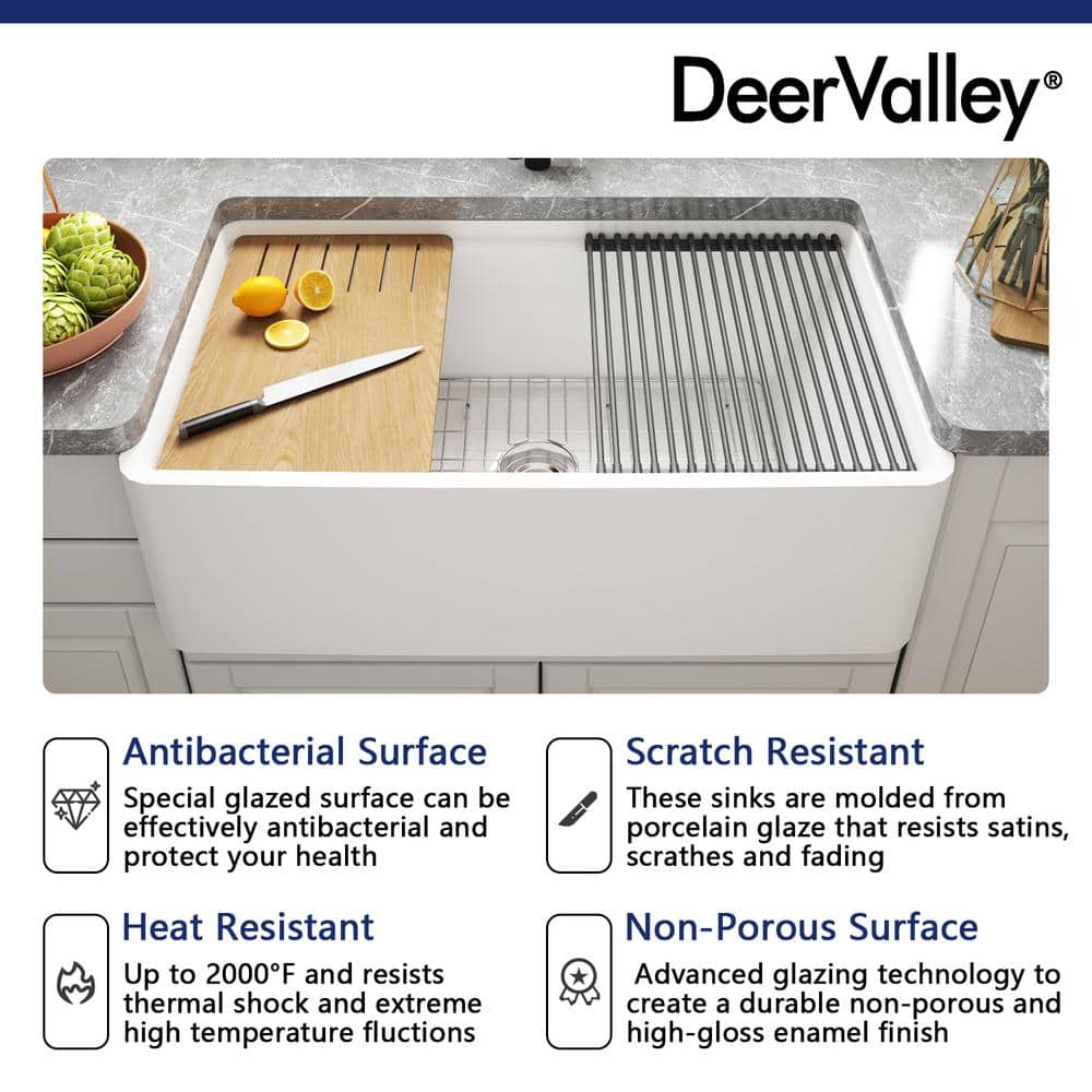 White Fireclay 33" Single Bowl Farmhouse Kitchen Sink with Accessories