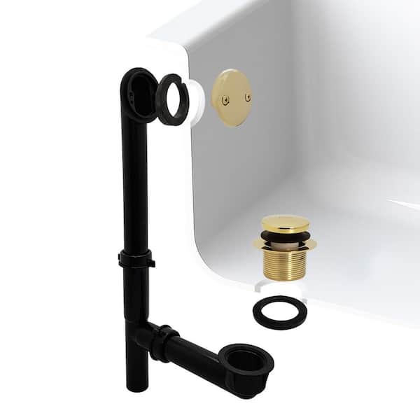 Westbrass 14 in. Black Poly Bath Waste & Overflow with Tip-Toe Drain Plug and 2-Hole Faceplate, Polished Brass