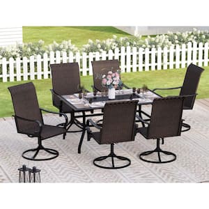 Black 7-Piece Metal Patio Outdoor Dining Set with Geometric Rectangle Table and Brown Rattan High Back Swivel Chairs