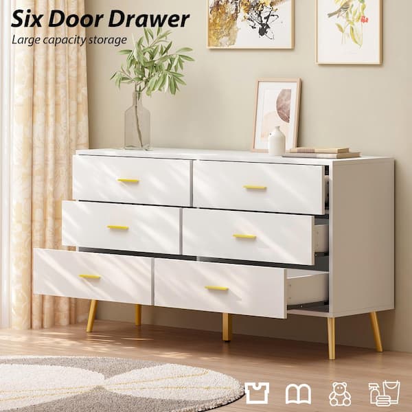FUFU&GAGA 6-Drawers 47.2 in. W White Wood Dresser Storage Cabinet Organizer With Metal Leg, 15.6 in. D x 30.1 in. H KF200054-02-KPL - The Home Depot FUFU&GAGA 6-Drawers 47.2 in. W White Wood Dresser Storage Cabinet Organizer With Metal Leg, 15.6 in. D x 30.1 in. H KF200054-02-KPL - The Home Depot