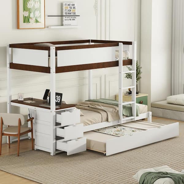Harper & Bright Designs White and Walnut Twin over Twin Wood Bunk Bed with 3-Drawer, Built-in Desk, USB Charging Station and Twin Size Trundle