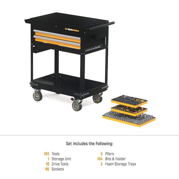 MEGAMOD 32 in. W x 20 in. D 2-Drawer Rolling Utility Cart with Mechanics Tool Set in Foam Storage Trays (194-Piece)