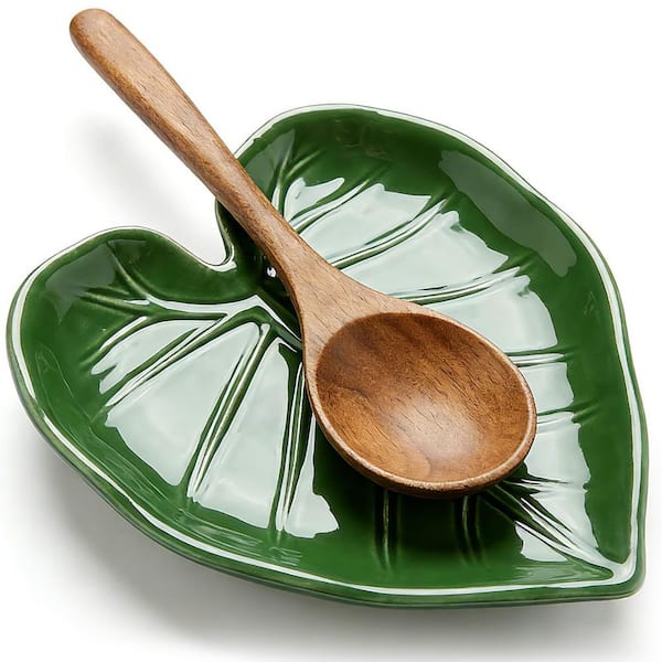 Green Ceramic Spoon Rest for Kitchen Counter and Stove Top with Heat-Resistant Glazed Surface