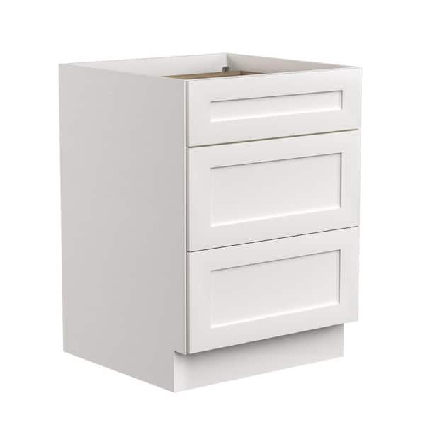 24 in. W x 21 in. D x 34 in. H Ready to Assemble Plywood Base Bathroom Cabinet in White with Three Drawers