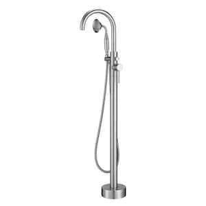Single Handle Freestanding Floor Mount Roman Bathtub Shower Faucet with Handheld Shower in Brushed Nickel