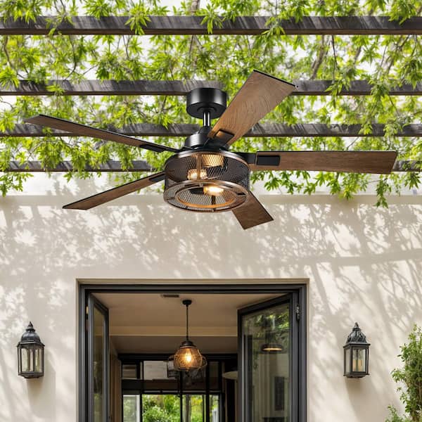 52 in. Indoor Matte Black 5-Blade Caged Downrod Mount Ceiling Fan with Standard Light Kit with Remote Included