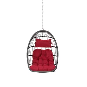 Wicker Wood Porch Swing Outdoor Indoor Garden Rattan Egg Swing Chair Hanging Chair with Red Cushions
