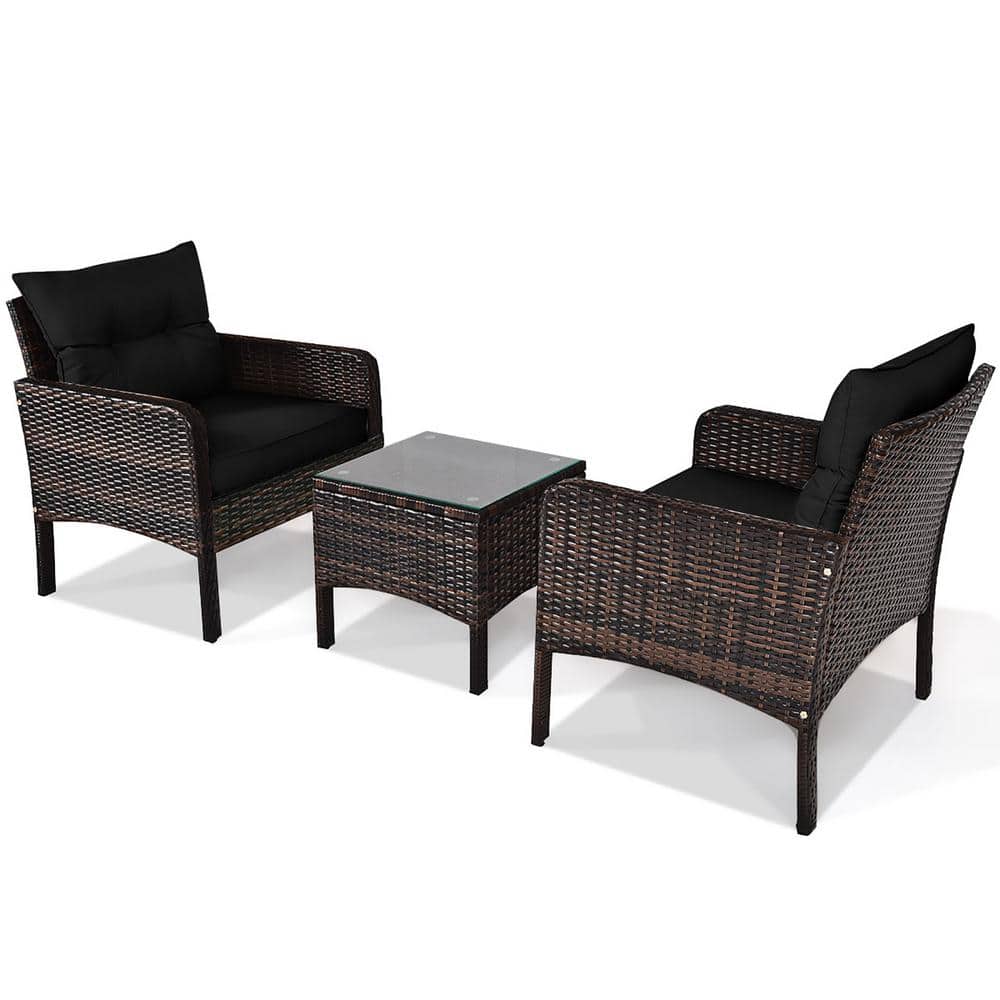 Black 3-Piece Rattan Outdoor Patio Conversation Set