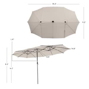15 ft.  Solar LED Patio Outdoor Double-Sided Market Umbrella with 48-Lights Crank in Beige