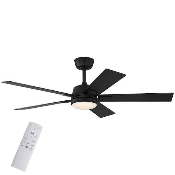 Verano 52 in. Matte Black Downrod Standard Ceiling Fan with 5-Blades, White Adjustable LED Light, DC Motor, and Remote