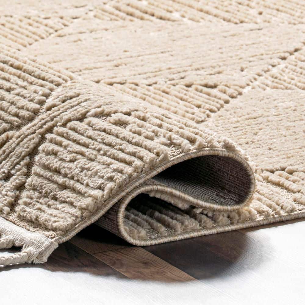 Kerry Beige Geometric Tasseled 7x9 Synthetic Area Rug