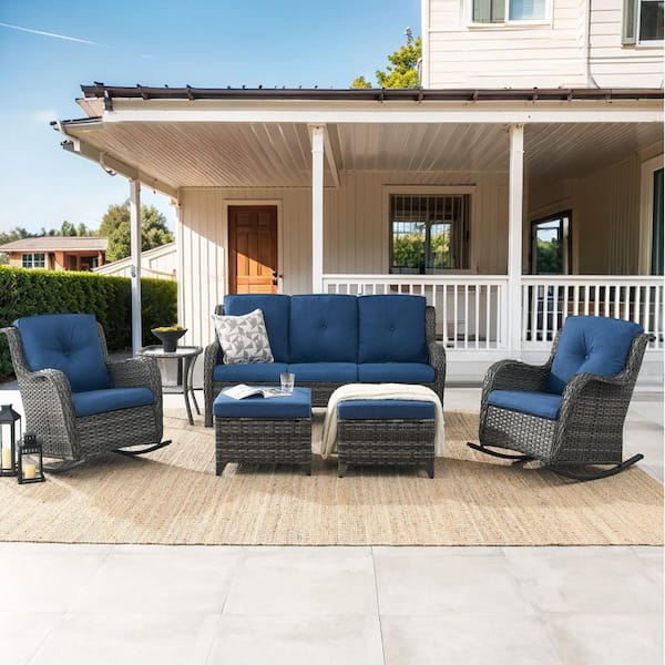 Carlos 6-Piece Gray Wicker Patio Conversation Set 3-Seat Sofa with Rocking Chairs, Side Table and Blue Cushions