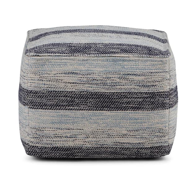 Simpli Home Clay Boho Square Pouf in Patterned Blue Melange Cotton