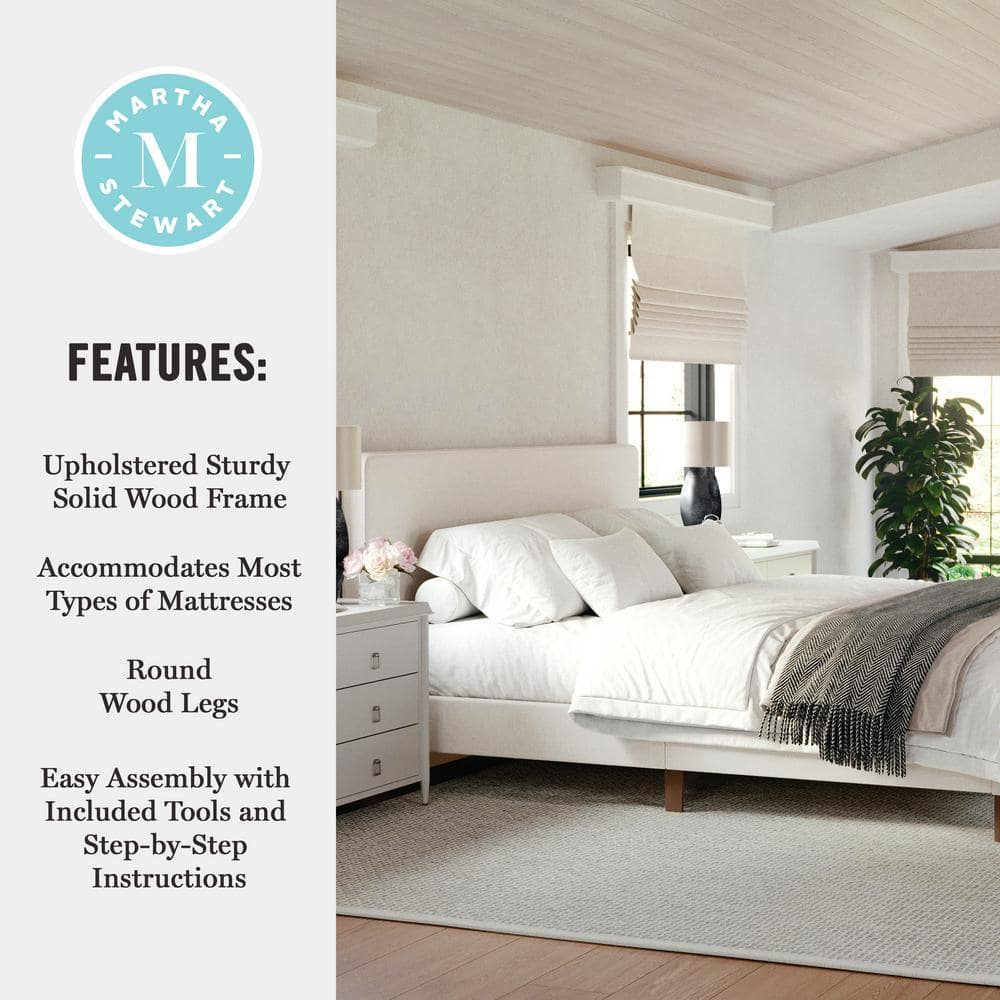 King Beige Linen Upholstered Platform Bed with Walnut Legs