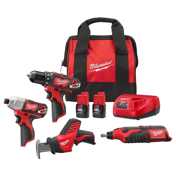 Milwaukee M12 12V Lithium-Ion Cordless 4-Tool Combo Kit with (2) Compact 1.5Ah Batteries and Charger