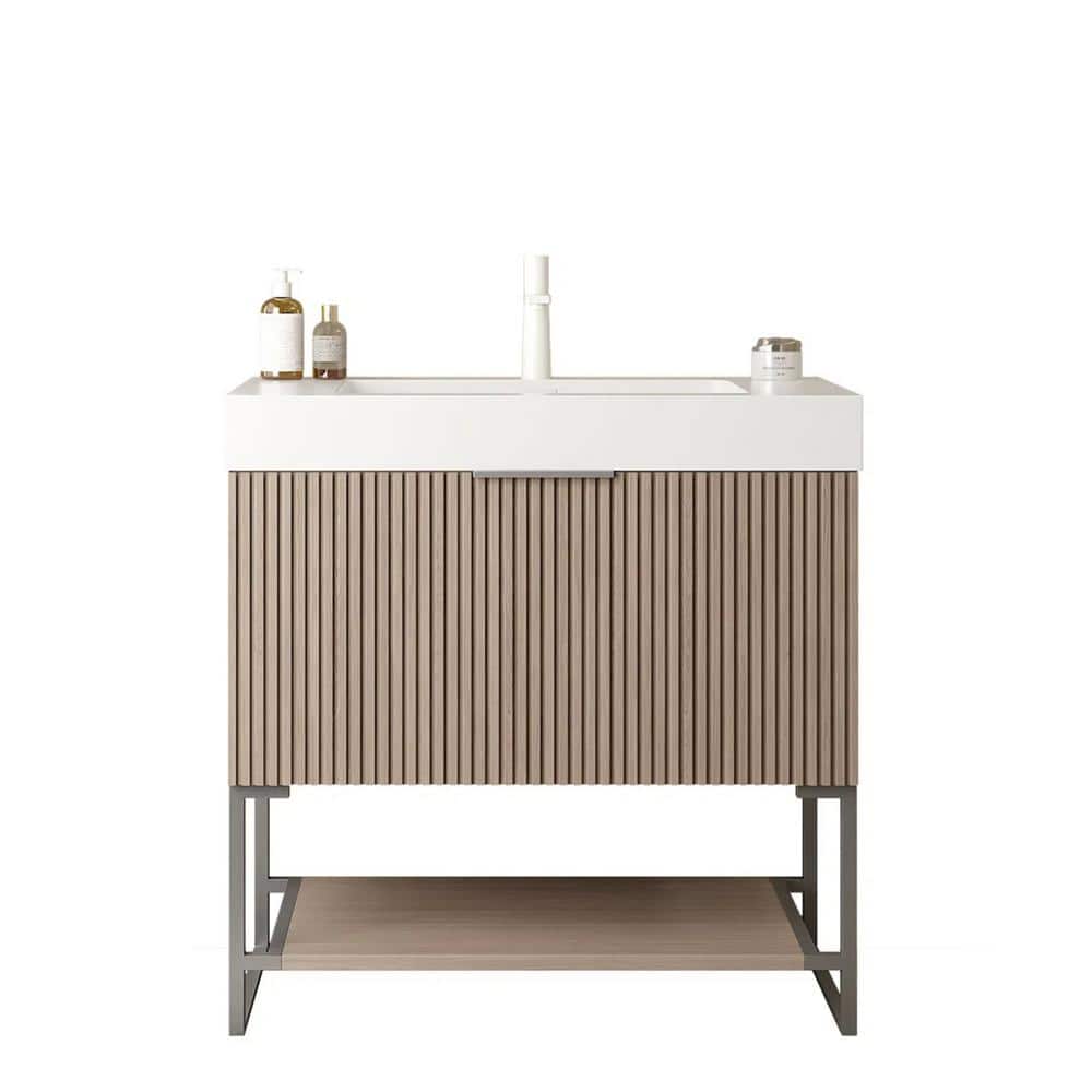 Hot Sale 30 in. W Freestanding Plywood Bathroom Vanity in Brown w/ Sink, Open Shelf, Acrylic Top Integrated White Basin