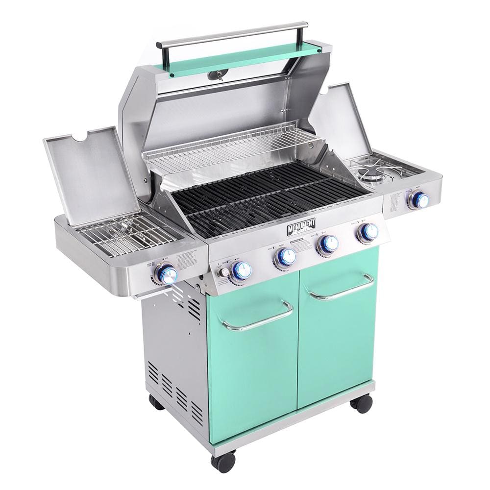 Green Stainless Steel 4-Burner Propane Gas Grill with Side Burner