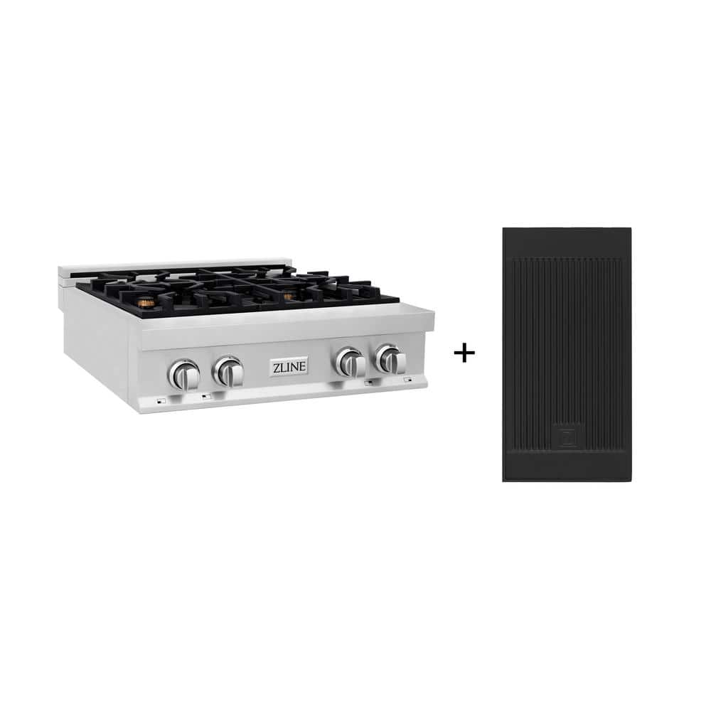 30 in. 4 Burner Front Control Gas Cooktop with Brass Burners in Stainless Steel with Griddle