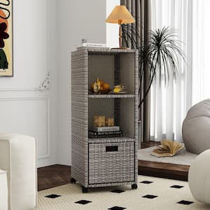 Gray 39.4 in. H Rattan Weaved Accent Cabinet Office Storage Cabinet with 2 Open Shelves, 1-Drawer and 4 Wheels