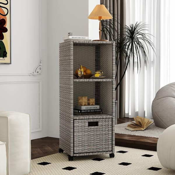 FUFU&GAGA Gray 39.4 in. H Rattan Weaved Accent Cabinet Office Storage Cabinet with 2 Open Shelves, 1-Drawer and 4 Wheels