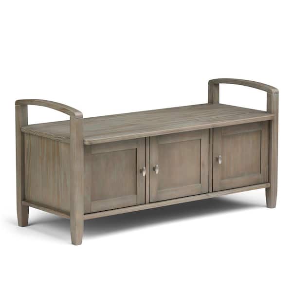 Simpli Home Warm Shaker Solid Wood 44 in. Wide Transitional Entryway Storage Bench in Distressed Grey