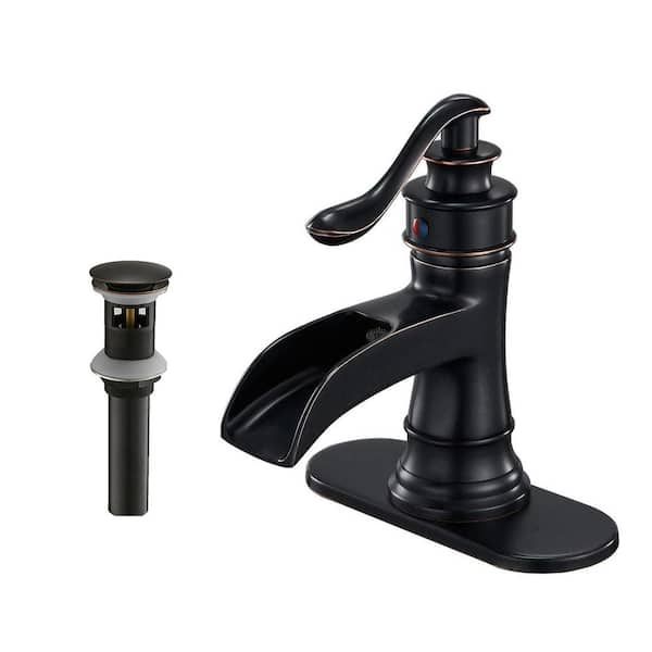 Unbranded Waterfall Single Hole Single-Handle Bathroom Vessel Sink Faucet with Drain Assembly and Deck Plate in Oil Rubbed Bronze