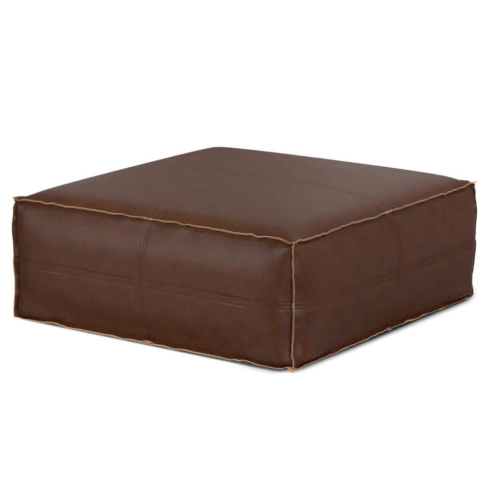 Brody Distressed Dark Brown Faux Leather Square Pouf
