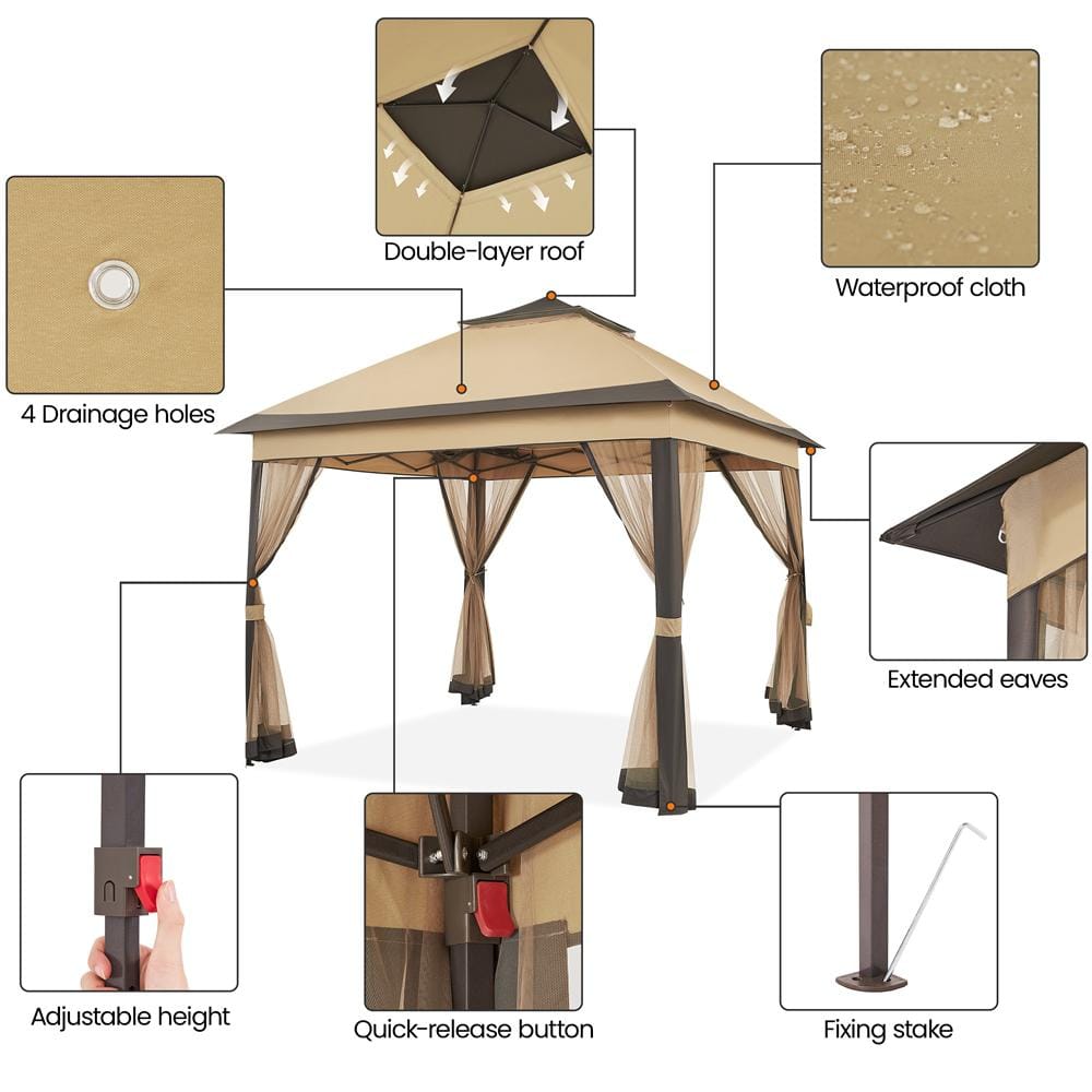 Beige and Brown 11x11 FT Adjustable Pop-Up Gazebo Tent