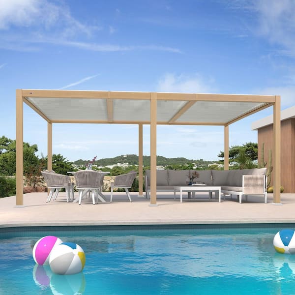 PURPLE LEAF 11.7 ft. x 18.2 ft. Wood Grain Aluminum Outdoor Louvered Pergola with 3-Individual Adjustable Roofs and In-Built Gutter