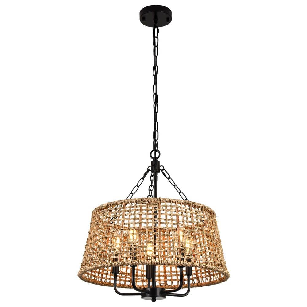 5-Light Black and Brown Cone Sea Grass Pendant Chandelier Boho Woven Hanging Light with Adjustable Chain for Dining room price history on PriceWatchPro
