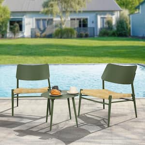 3-Piece Outdoor Green Aluminum Bistro Set Patio Conversation Set with Hand-Woven Ratten Seat