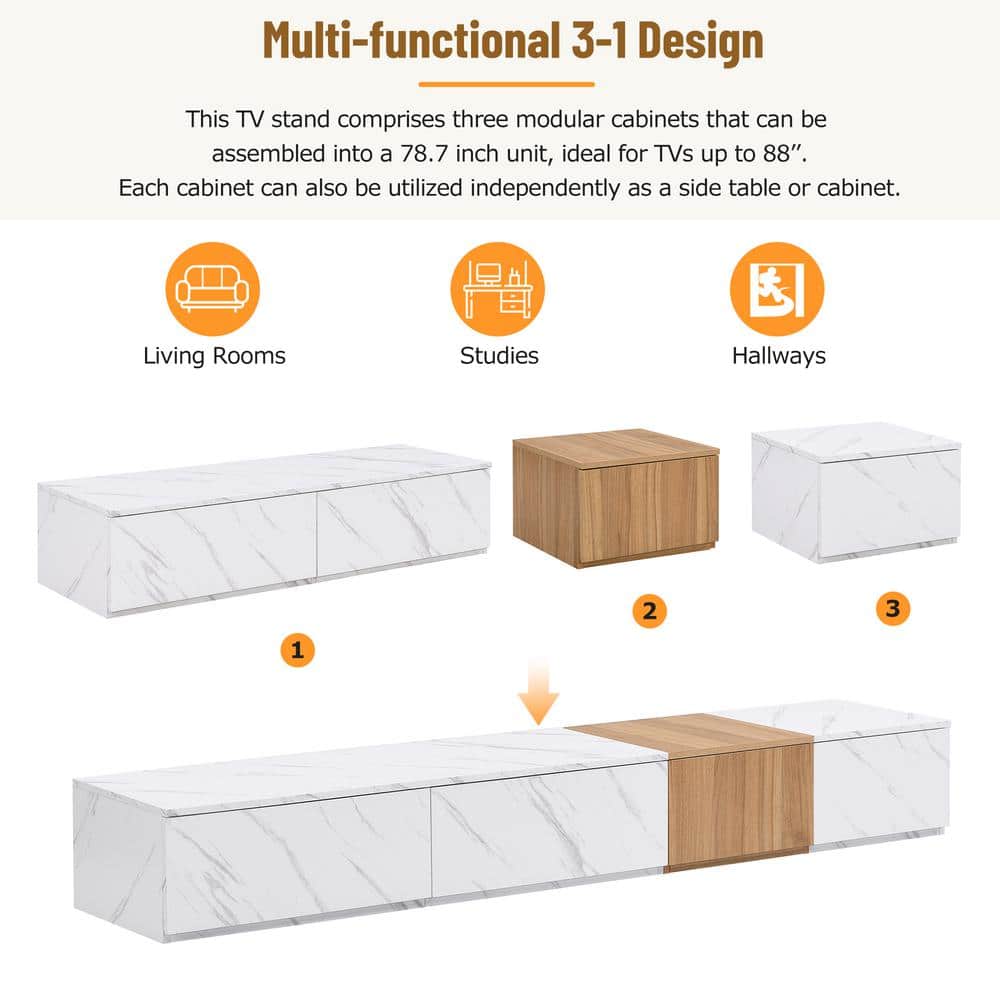 White Faux Marble and Walnut Grain TV Stand with 4 Storage Drawers
