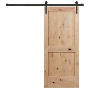 36 in. x 84 in. Rustic 2-Panel V-Groove Unfinished Knotty Alder Wood Interior Barn Door with Bronze Hardware