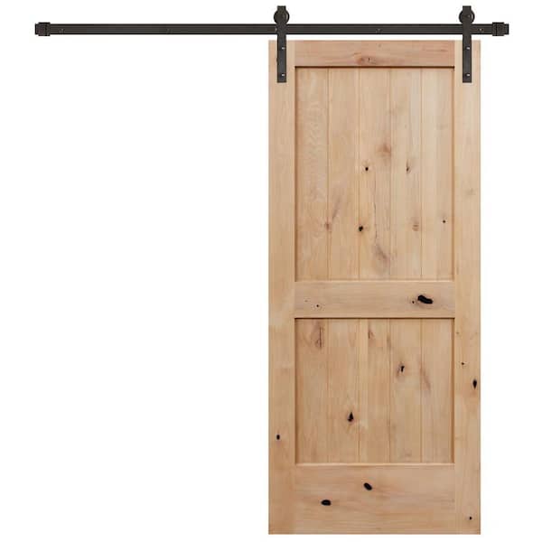 Pacific Entries 42 in. x 84 in. Rustic Unfinished 2-Panel Knotty Alder Interior Wood Sliding Barn Door with Bronze Hardware Kit