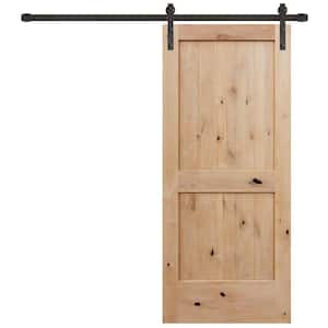 36 in. x 84 in. Rustic 2-Panel V-Groove Unfinished Knotty Alder Wood Interior Barn Door with Bronze Hardware