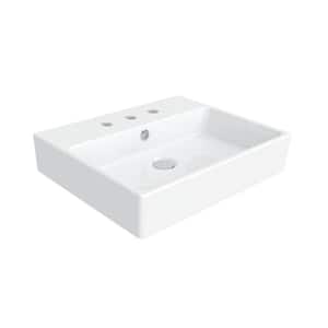 Simple 50.40B Wall Mount / Vessel Bathroom Sink in Ceramic White with 3 Faucet Holes