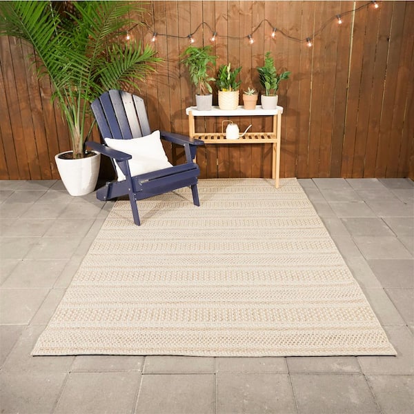Natural Cream 8 ft. x 10 ft. Striped Indoor/Outdoor Patio Area Rug
