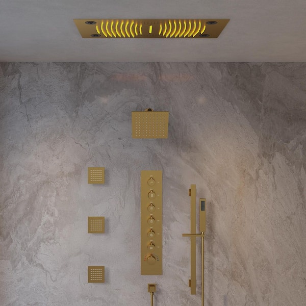 AuroraSymphony LED Bluetooth 6-Spray Ceiling Mount 28 and 10 in. Dual Showers 3-Jet Handheld 2.5 GPM in Brushed Gold