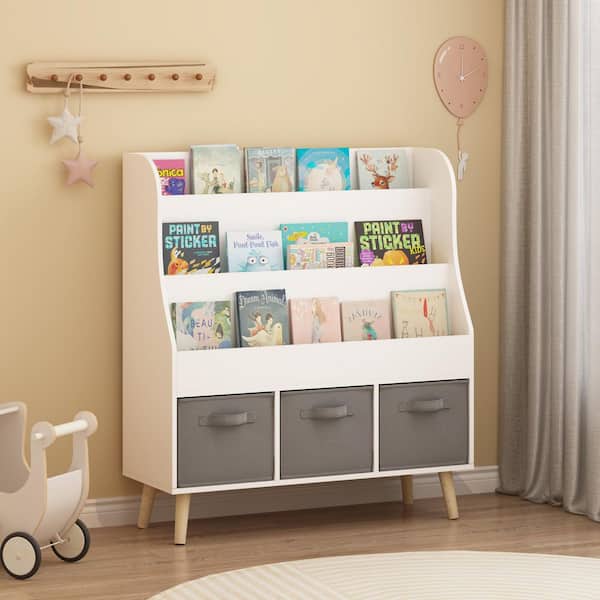 Karen 35.43 in. H White Wood Multifunctional Bookcase with 3-Fabric Bins, Bookcase Display Stand