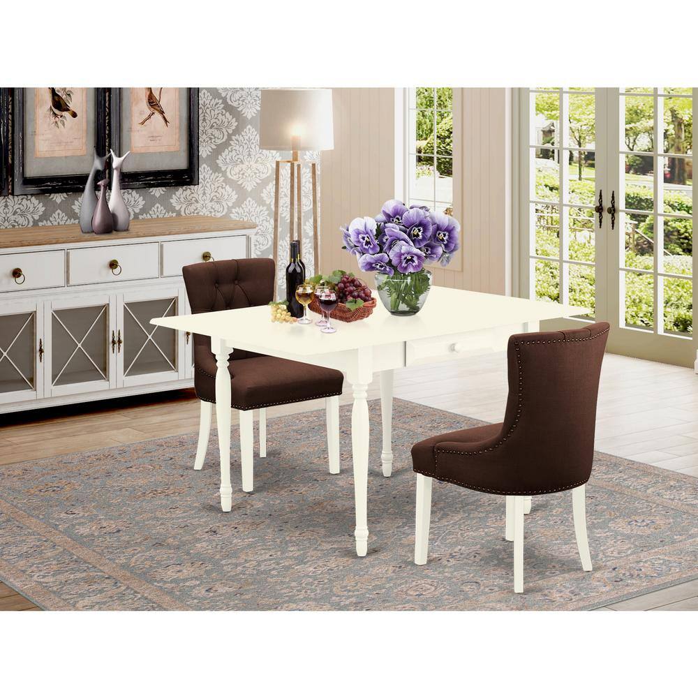 3-Piece Linen White Finish Solid Wood Top with Dropleaf Dining Table Set