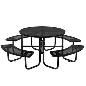 46 in. Black Round Outdoor Steel Picnic Table Seats 8-People with Umbrella Hole